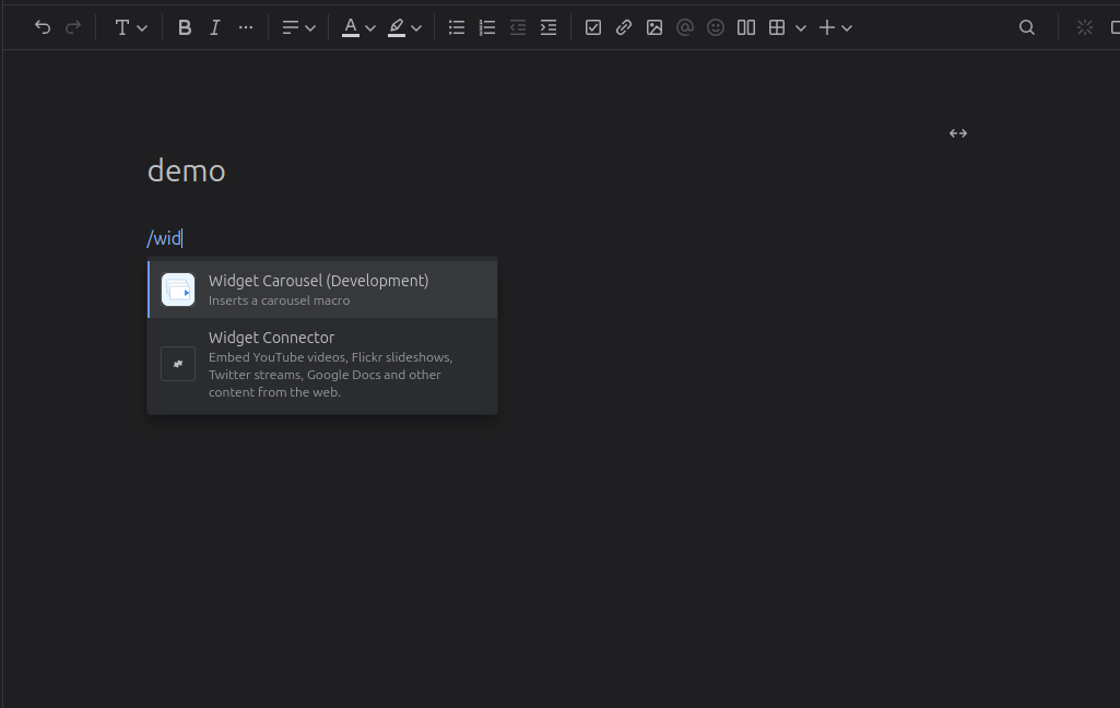 Typing /widget in editor to find carousel macro