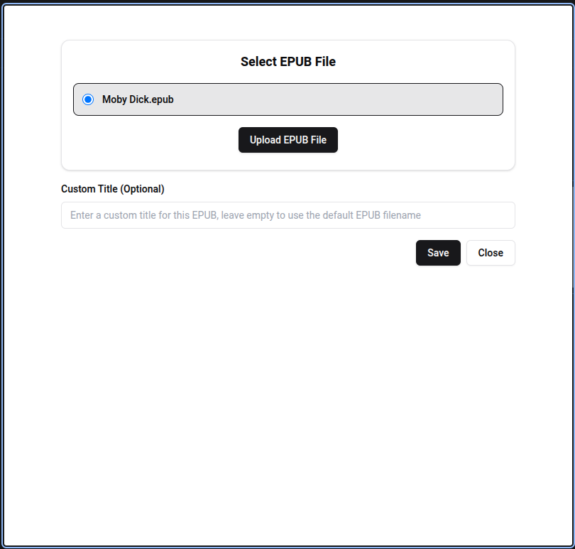 EPUB configuration panel for selecting files and setting title