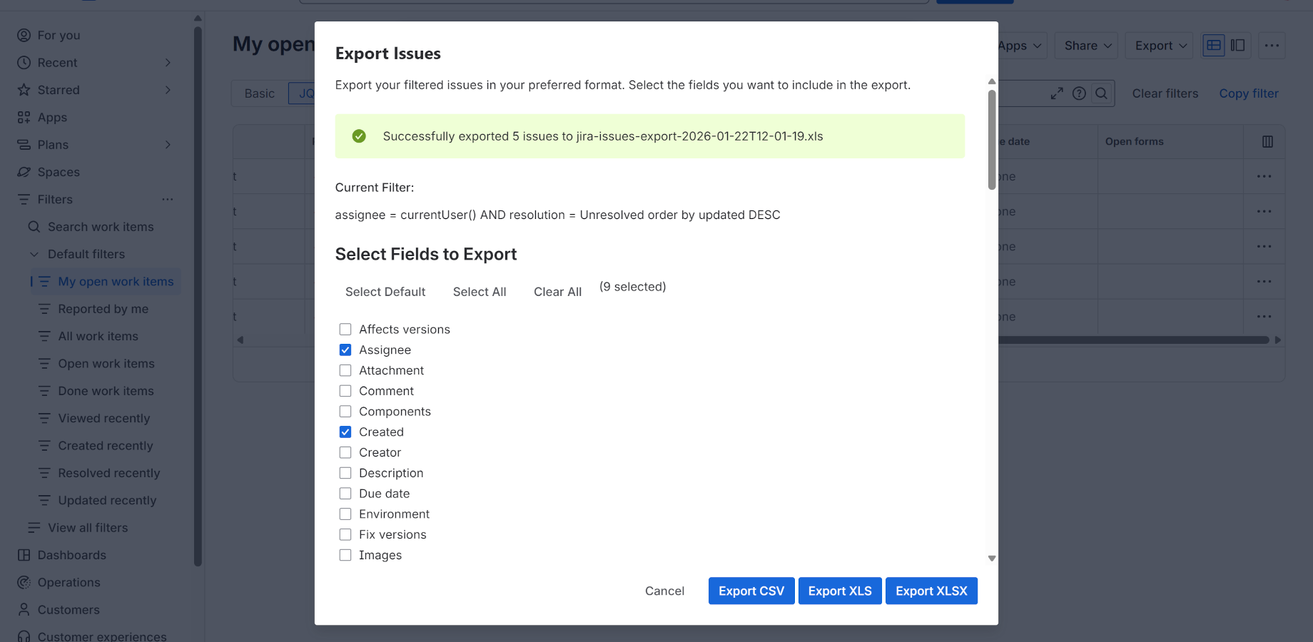 Screenshot: Export